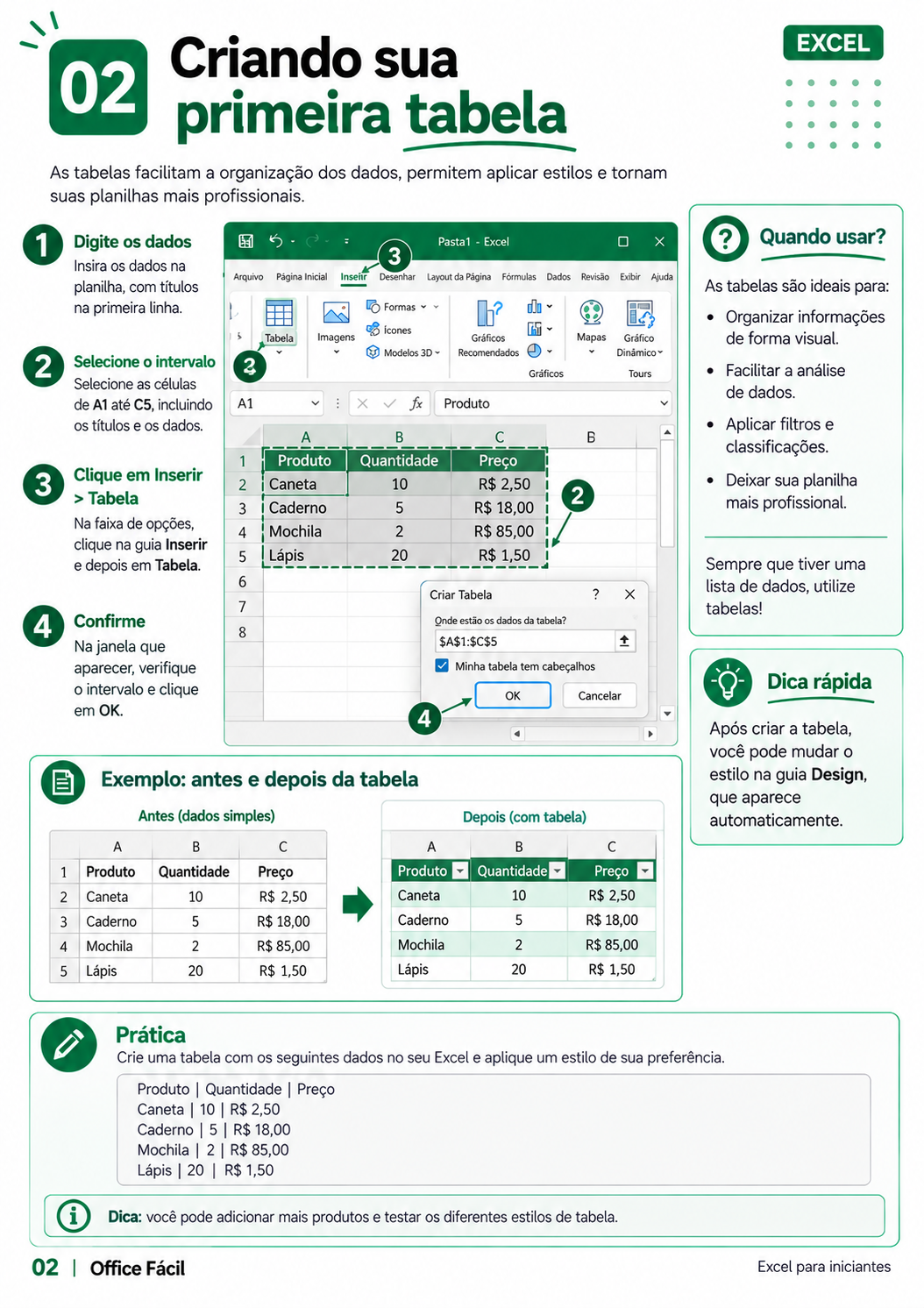 Exemplo de página do material de Excel