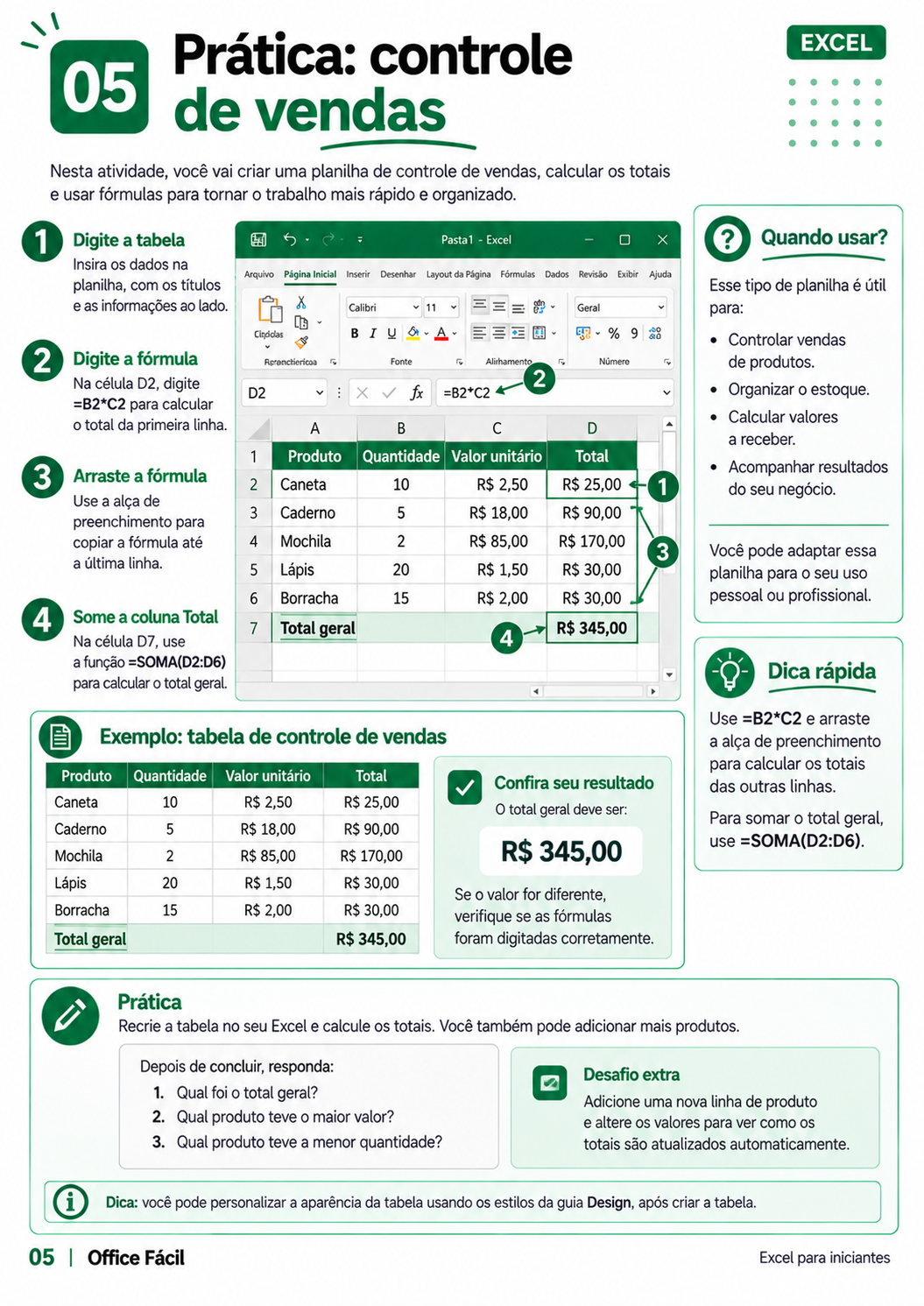 Exemplo de página do material de Excel